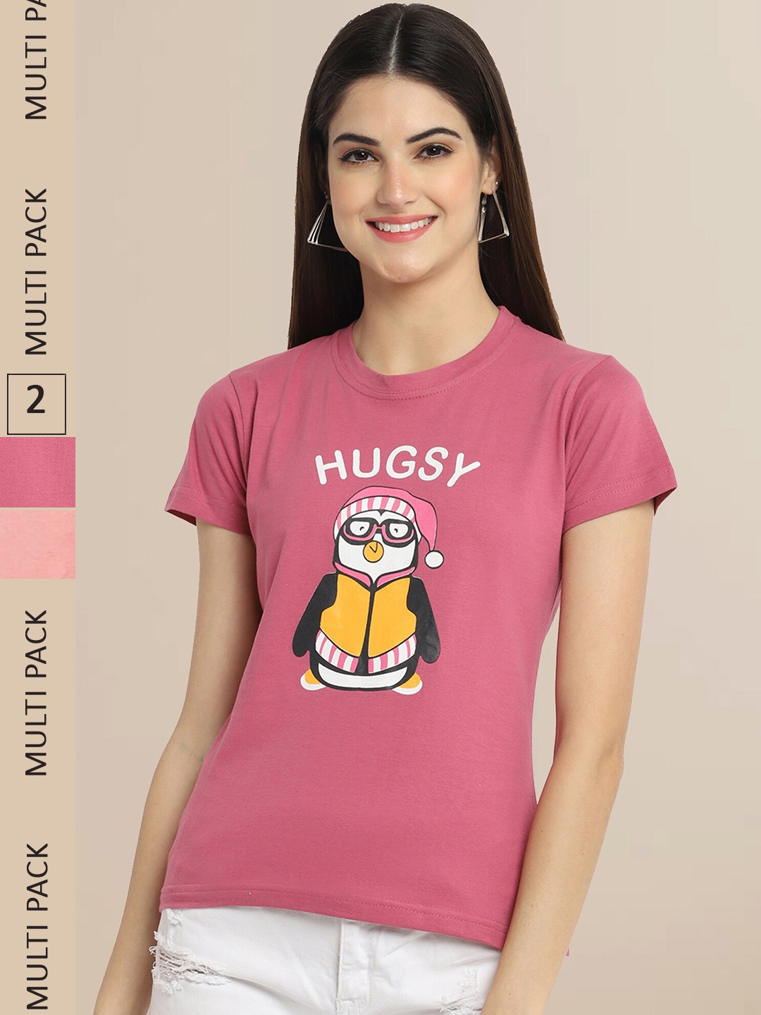 

Fabflee Women Pink & Peach-Coloured Pack of 2 Printed Cotton T-shirts