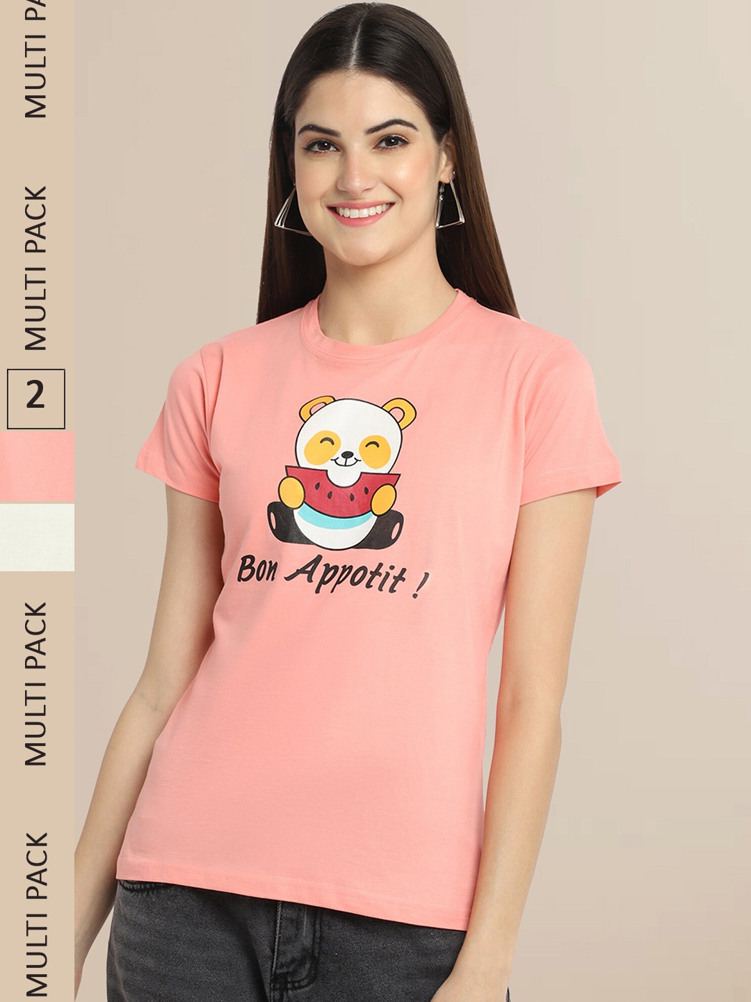 Fabflee Women Peach-Coloured & Off White Pack of 2 Printed Cotton T-shirts