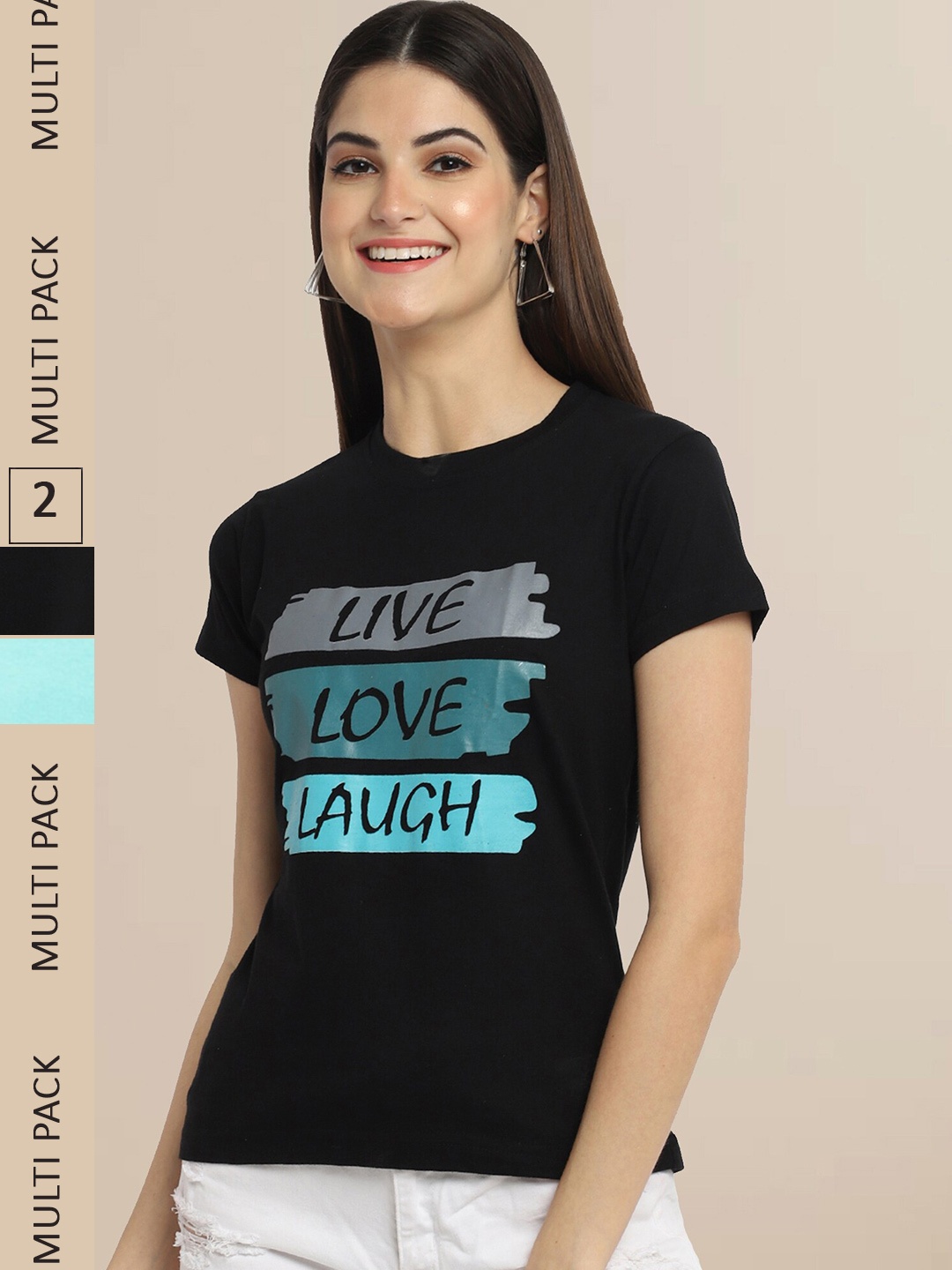 Fabflee Women Black & Blue Pack of 2 Printed Cotton T-shirts