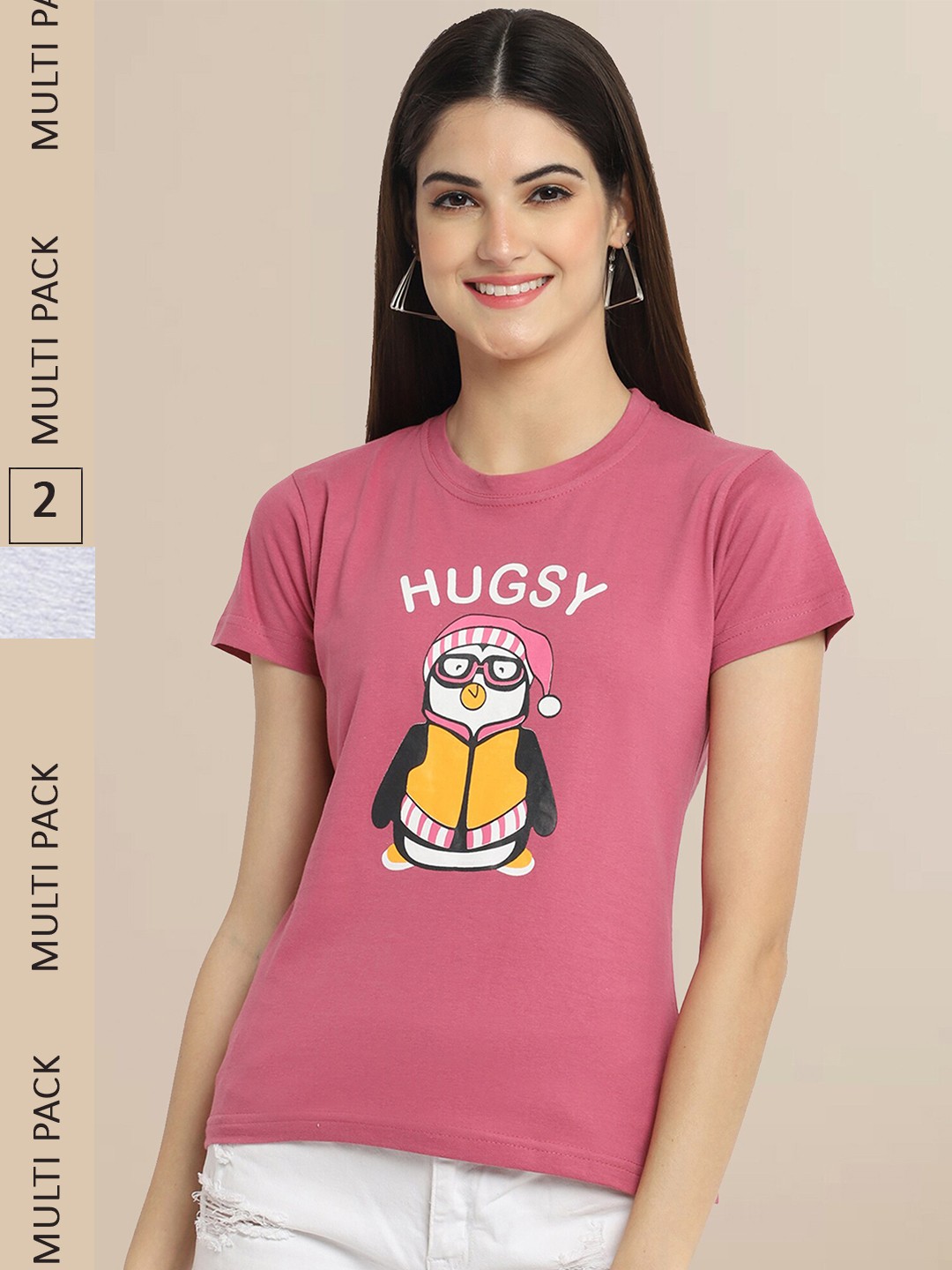 Fabflee Women Pink & Grey Melange Pack of 2 Printed Cotton T-shirts