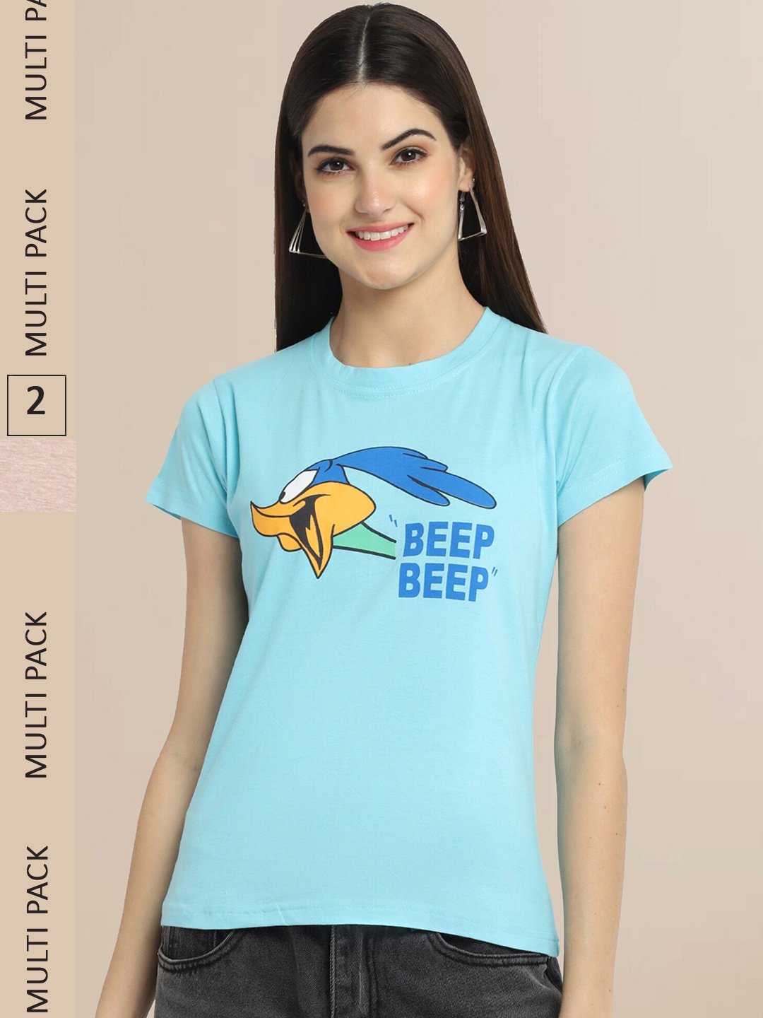 Fabflee Women Blue & Brown Pack of 2 Printed Cotton T-shirts