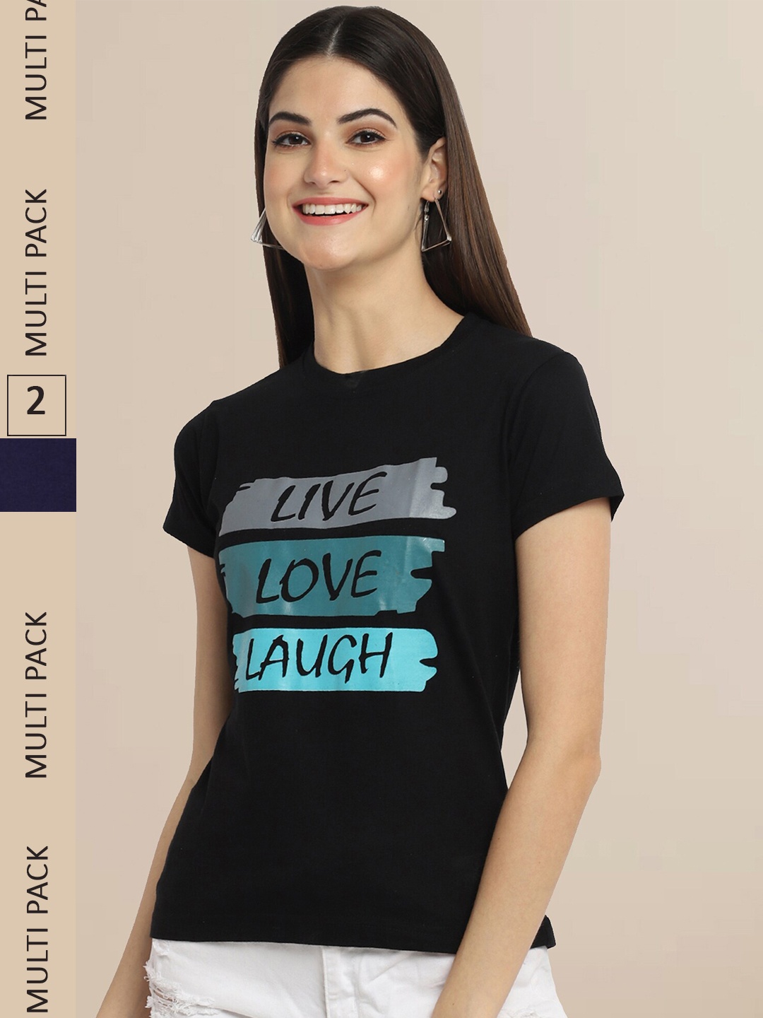

Fabflee Women Black & Navy Blue Pack of 2 Printed Cotton T-shirts