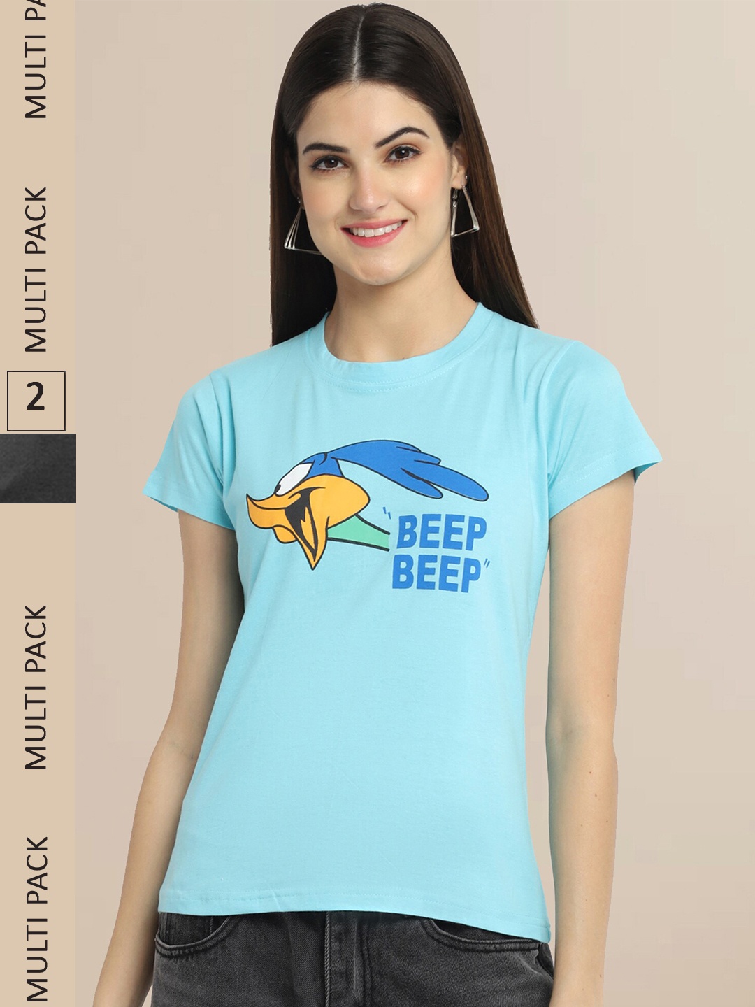 

Fabflee Women Blue & Black Pack of 2 Printed Cotton T-shirts