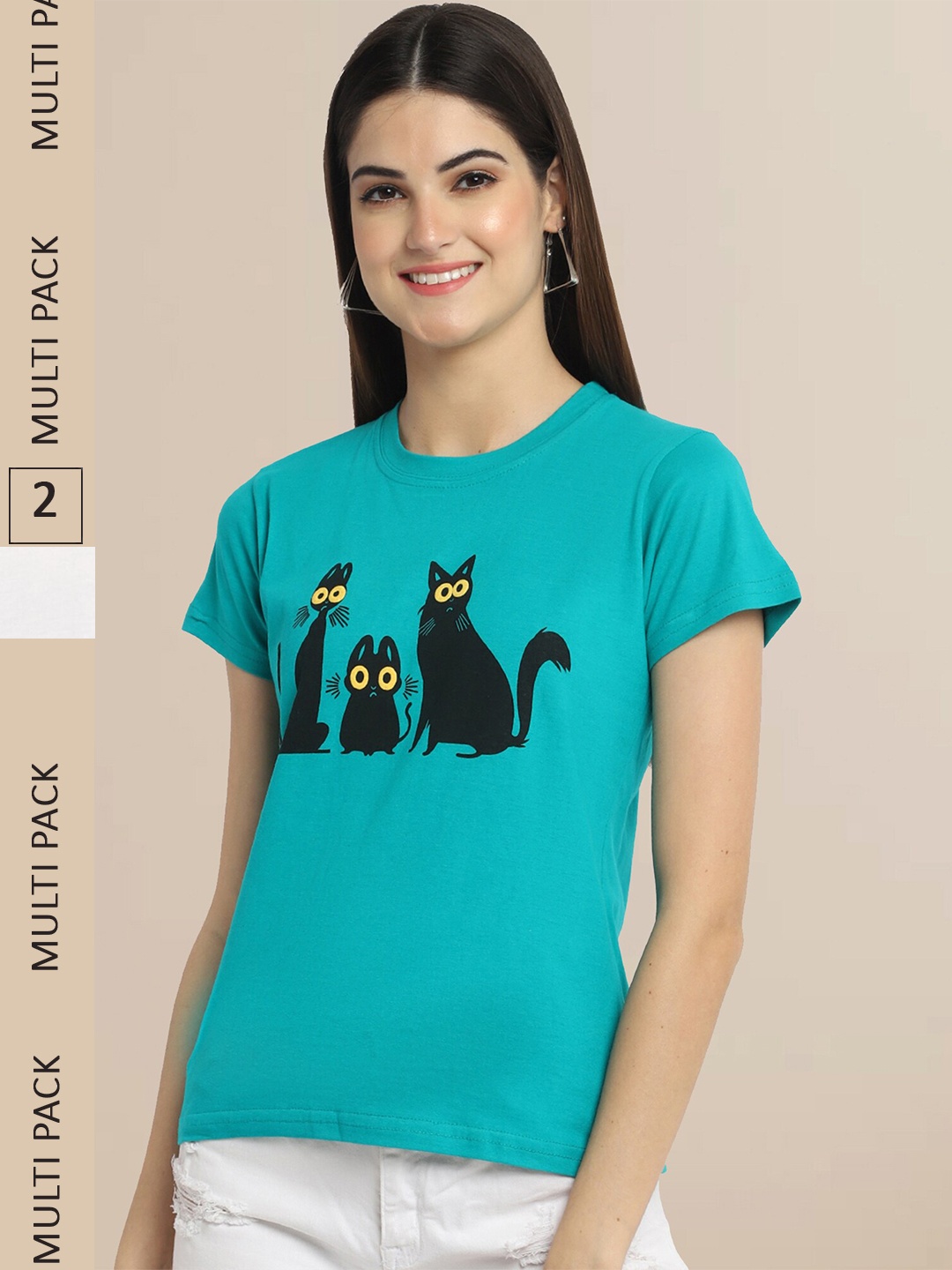 

Fabflee Women Turquoise Blue & White Pack of 2 Printed Cotton T-shirts
