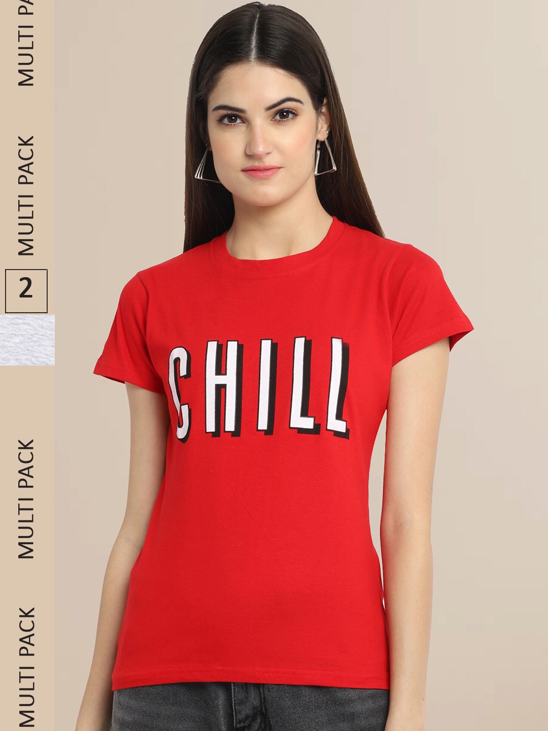 

Fabflee Women Red & Grey Melange Pack of 2 Printed Cotton T-shirts