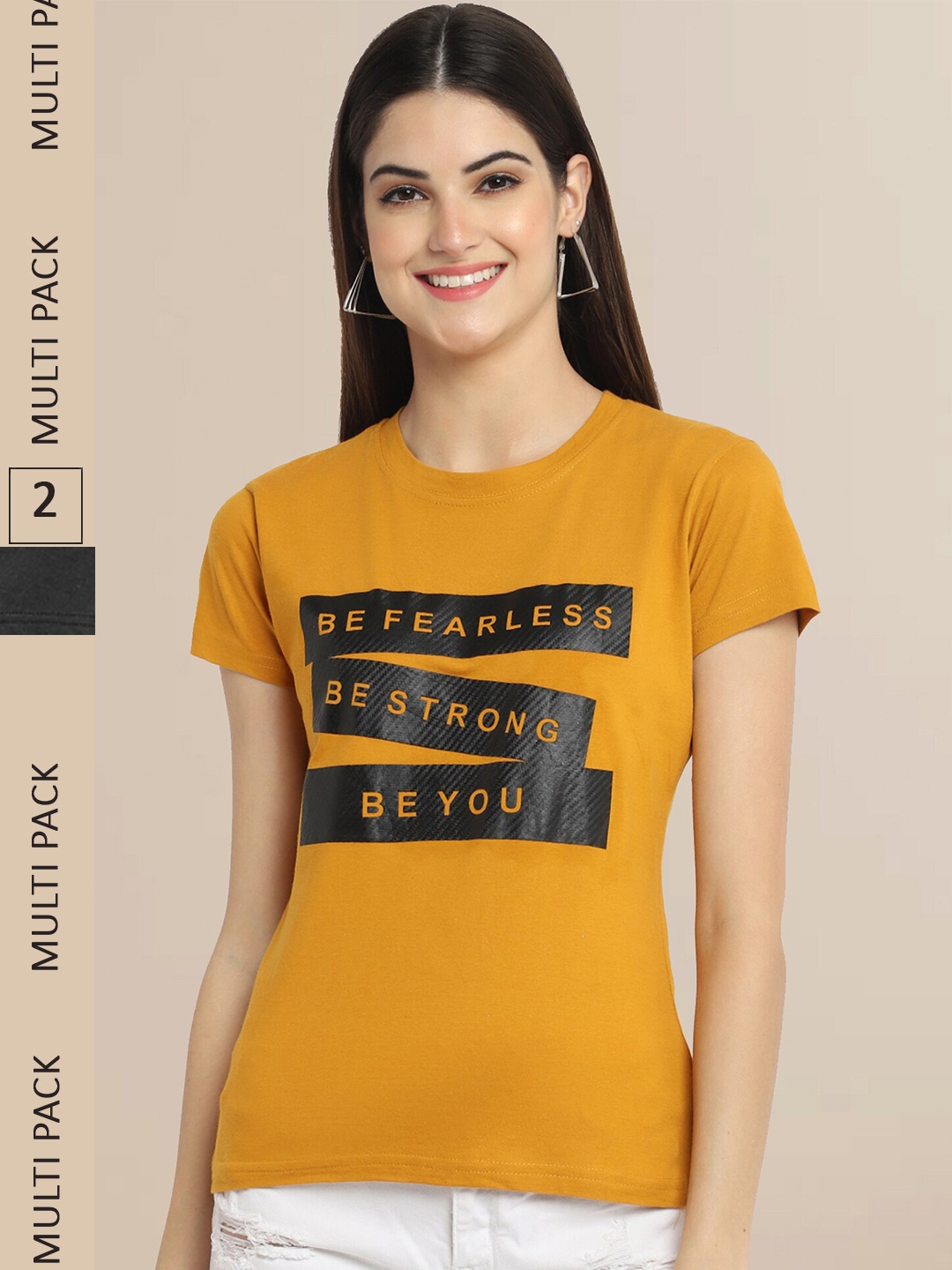 

Fabflee Women Black & Mustard Yellow Pack Of 2 Typography Cotton T-shirt