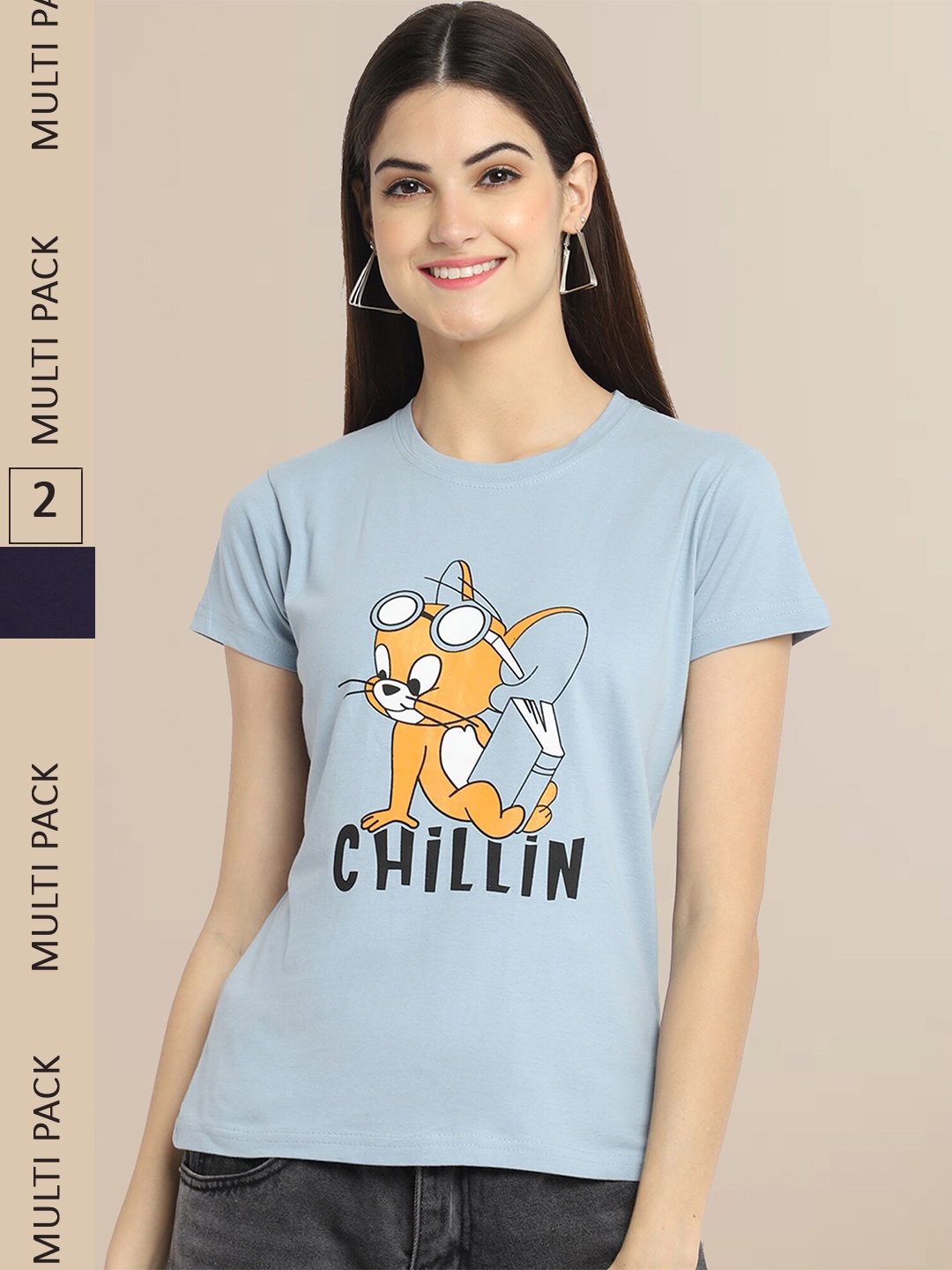 Fabflee Women Blue & Black Pack Of 2 Printed Cotton T-shirt