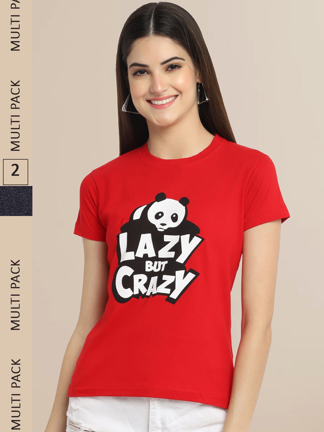Fabflee Women Red & Black Pack Of 2 Cotton Printed T-shirt