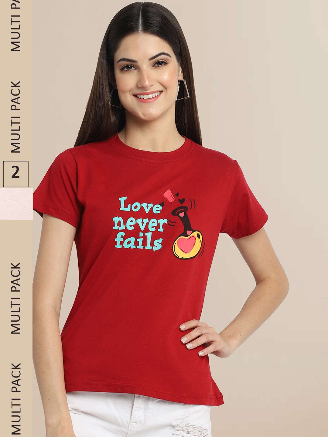 

Fabflee Women Red & Pink Pack Of 2 Cotton Typography Printed T-shirt