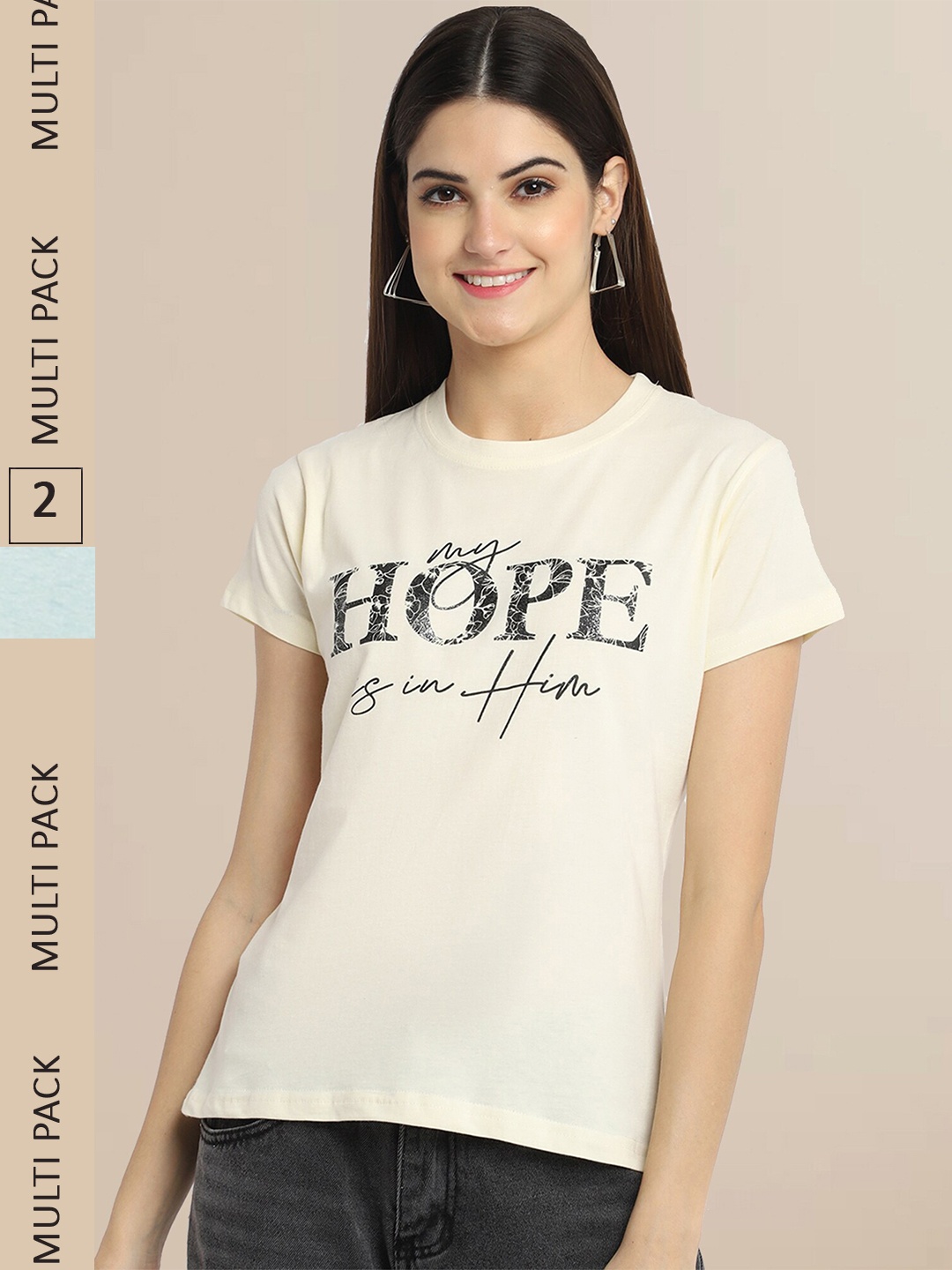 

Fabflee Women Beige & Blue Pack Of 2 Cotton Printed T-shirt