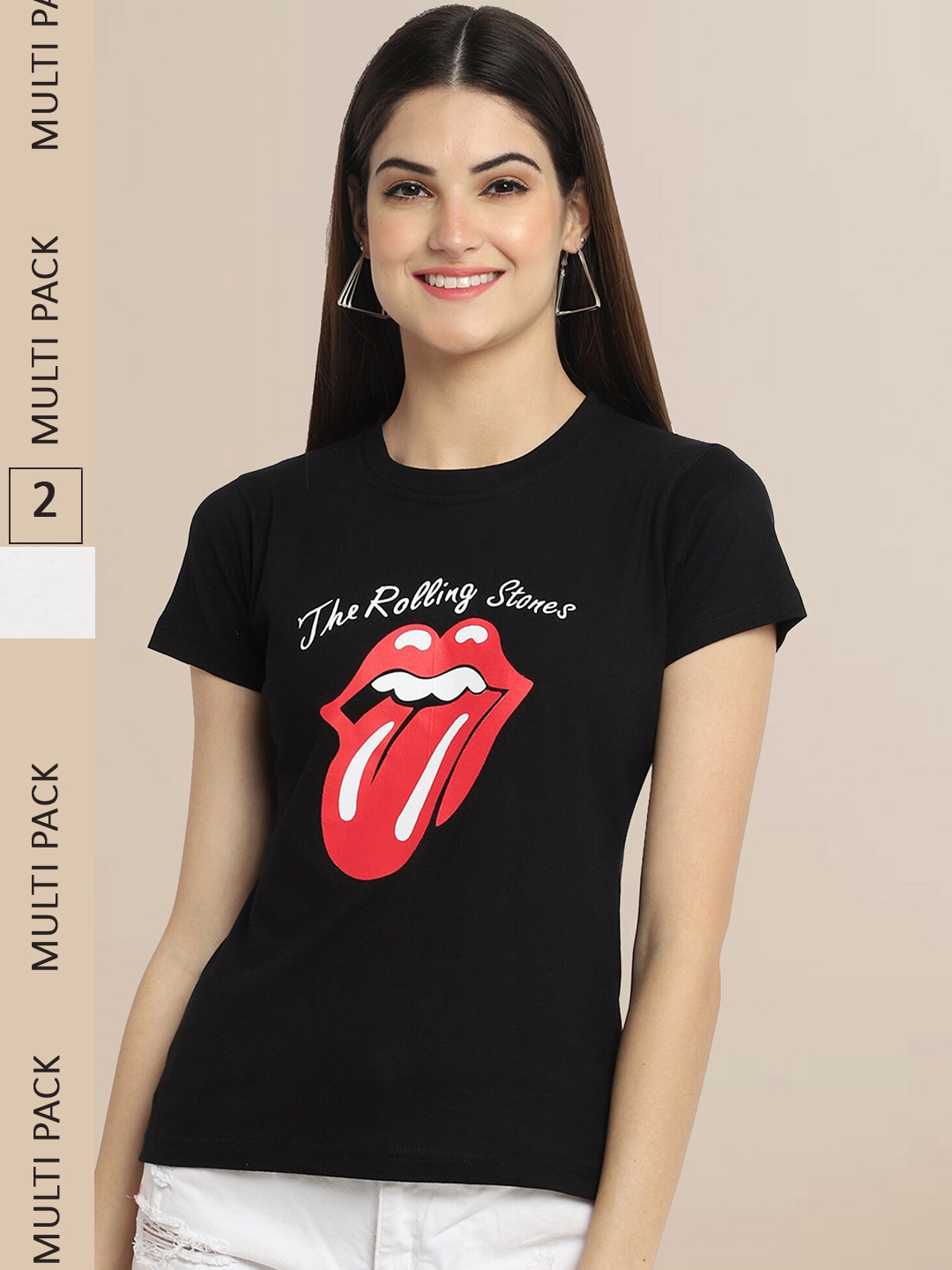 

Fabflee Women Black & Beige Pack Of 2 Cotton Printed T-shirt