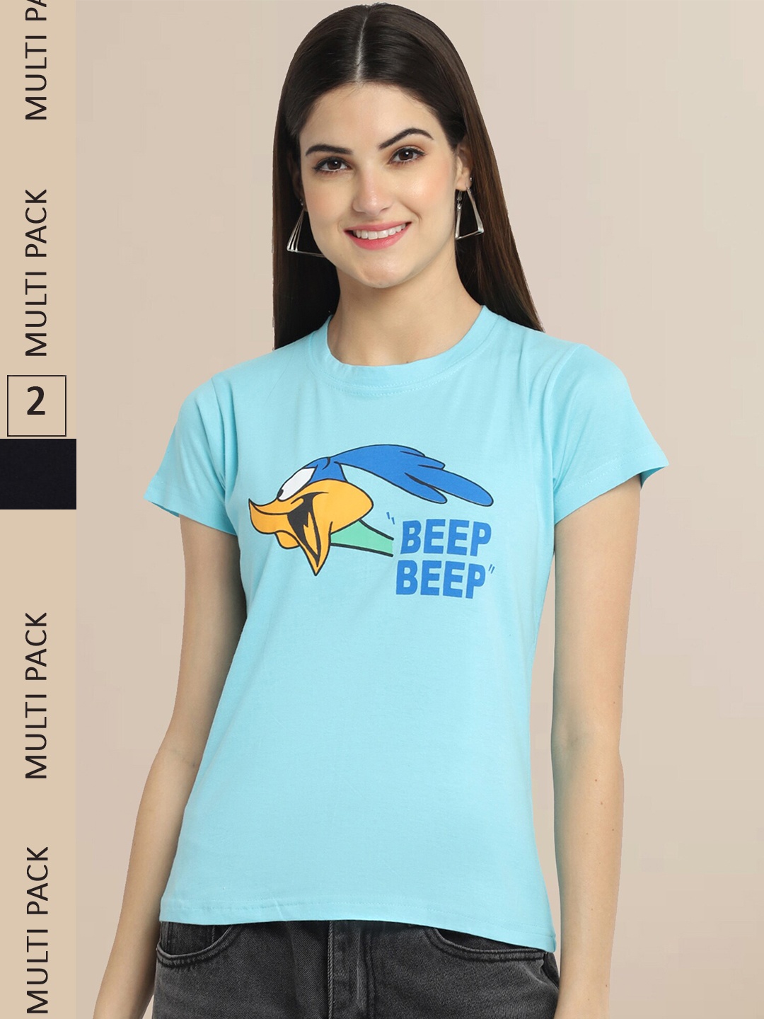 

Fabflee Women Turquoise Blue & Black Pack Of 2 Cotton Printed T-shirt
