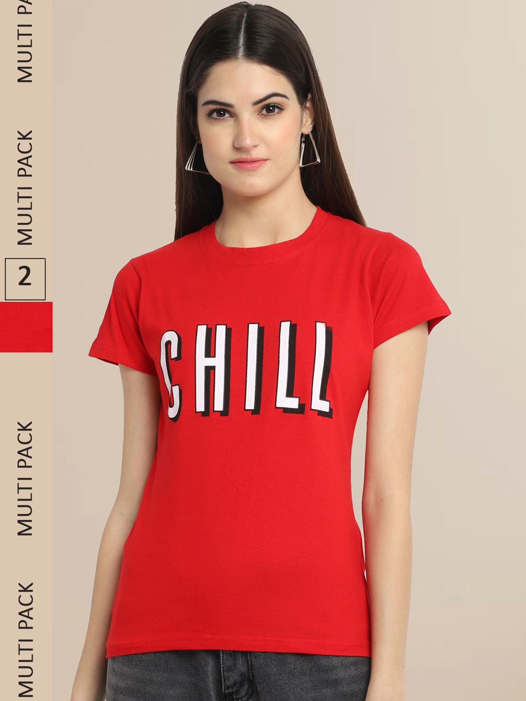 

Fabflee Women Red Typography Pack Of 2 Cotton Printed T-shirt