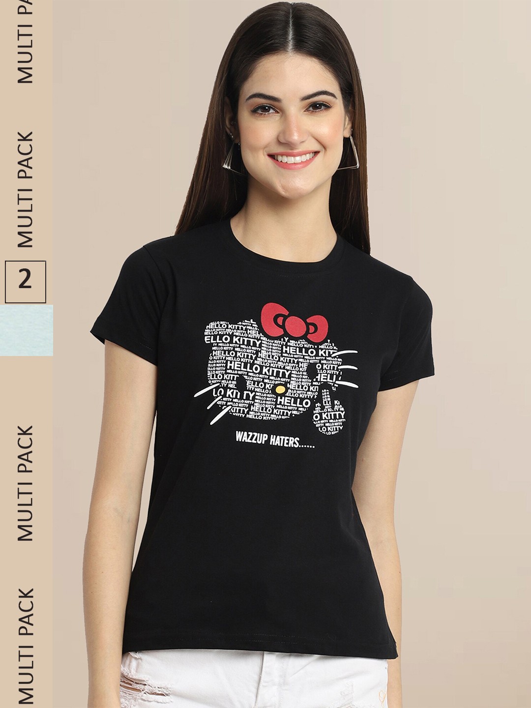 

Fabflee Women Black & Blue Pack Of 2 Cotton Printed T-shirt