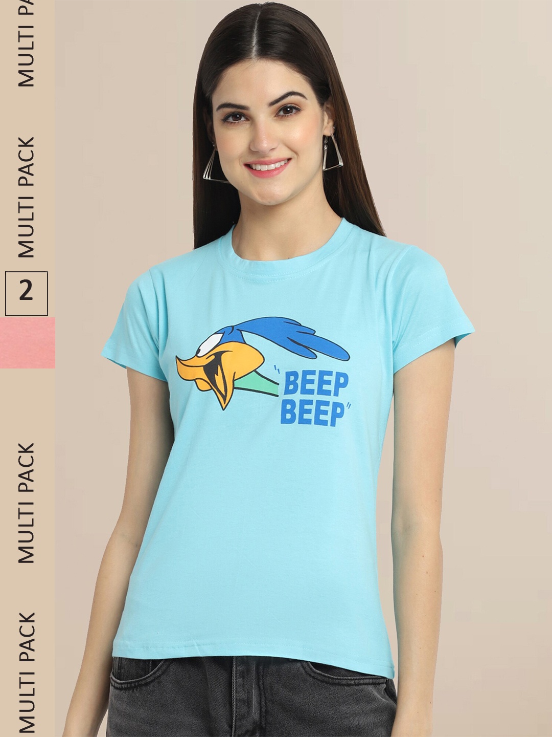 

Fabflee Women Pack of 2 Blue & Pink Printed Cotton T-shirts