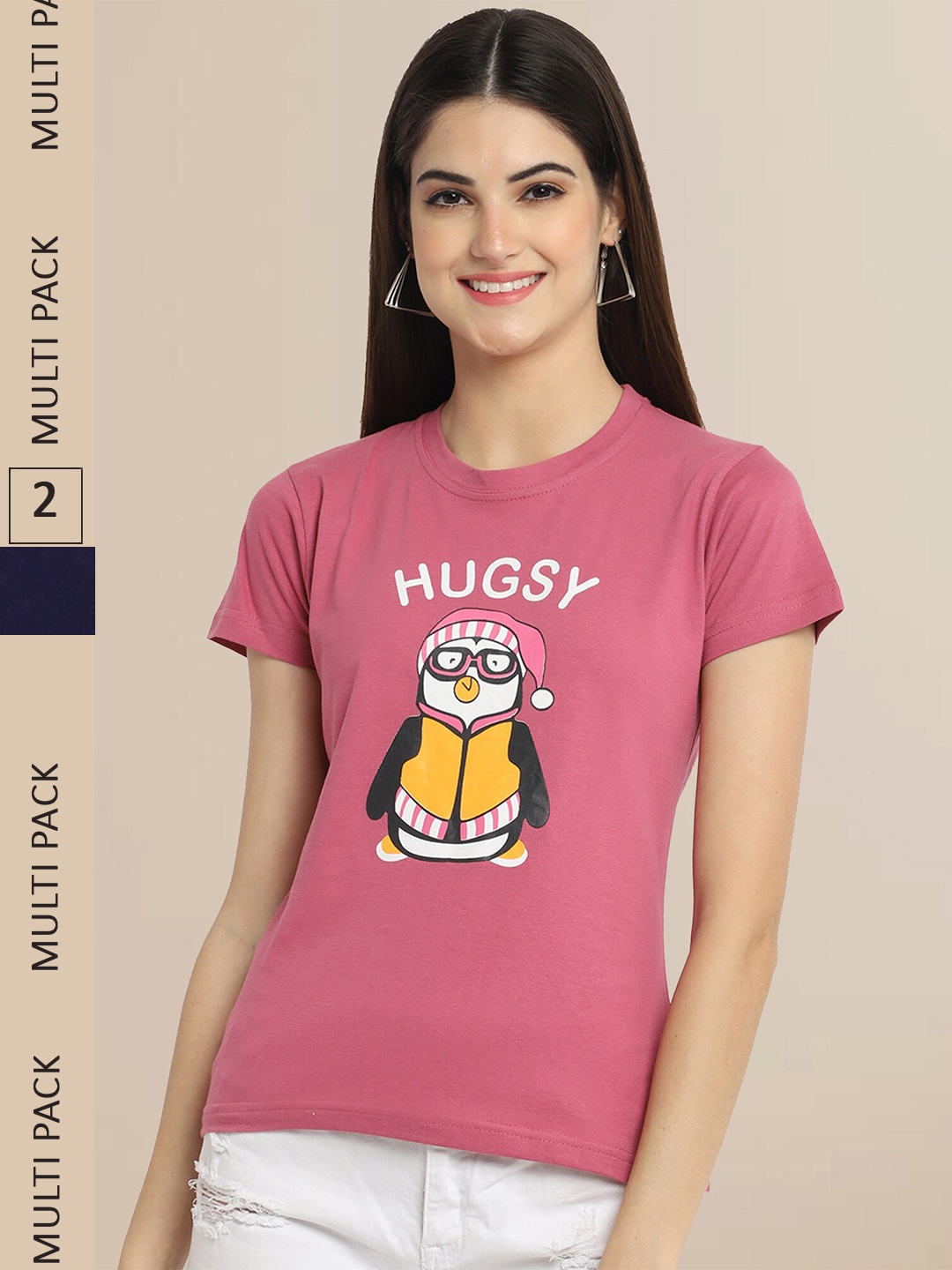 

Fabflee Women Pink & Black Pack of 2 Typography Printed Cotton T-shirts