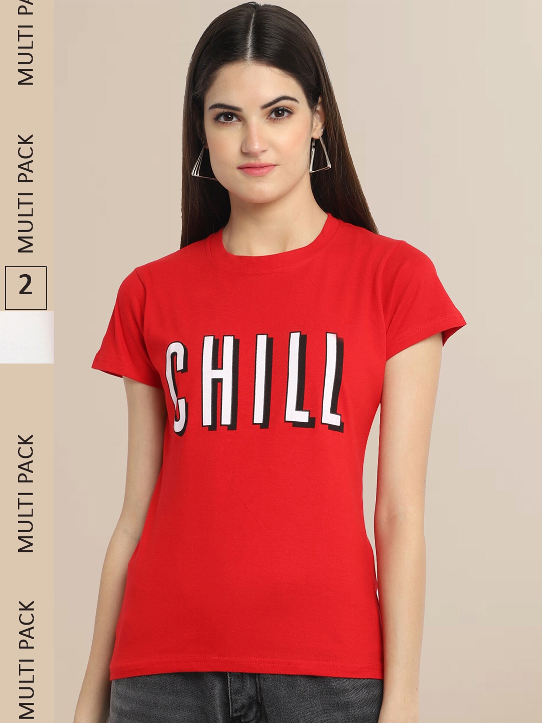 

Fabflee Women Red & Off White Pack of 2 Typography Printed Cotton T-shirts