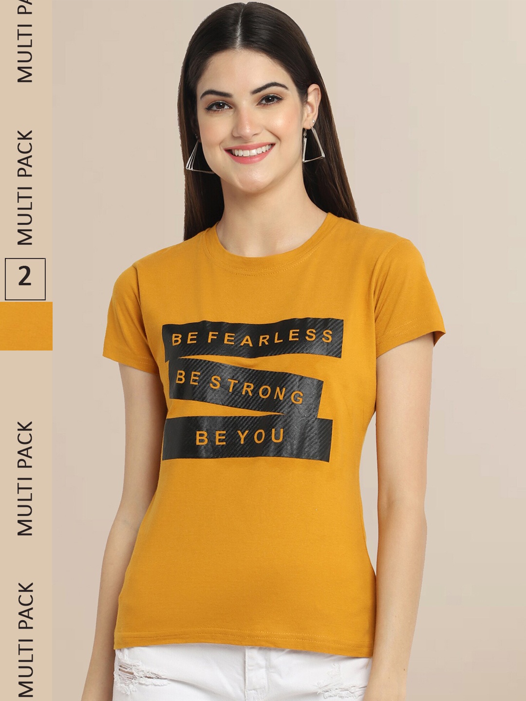 

Fabflee Women Mustard Yellow Pack of 2 Typography Printed Cotton T-shirts
