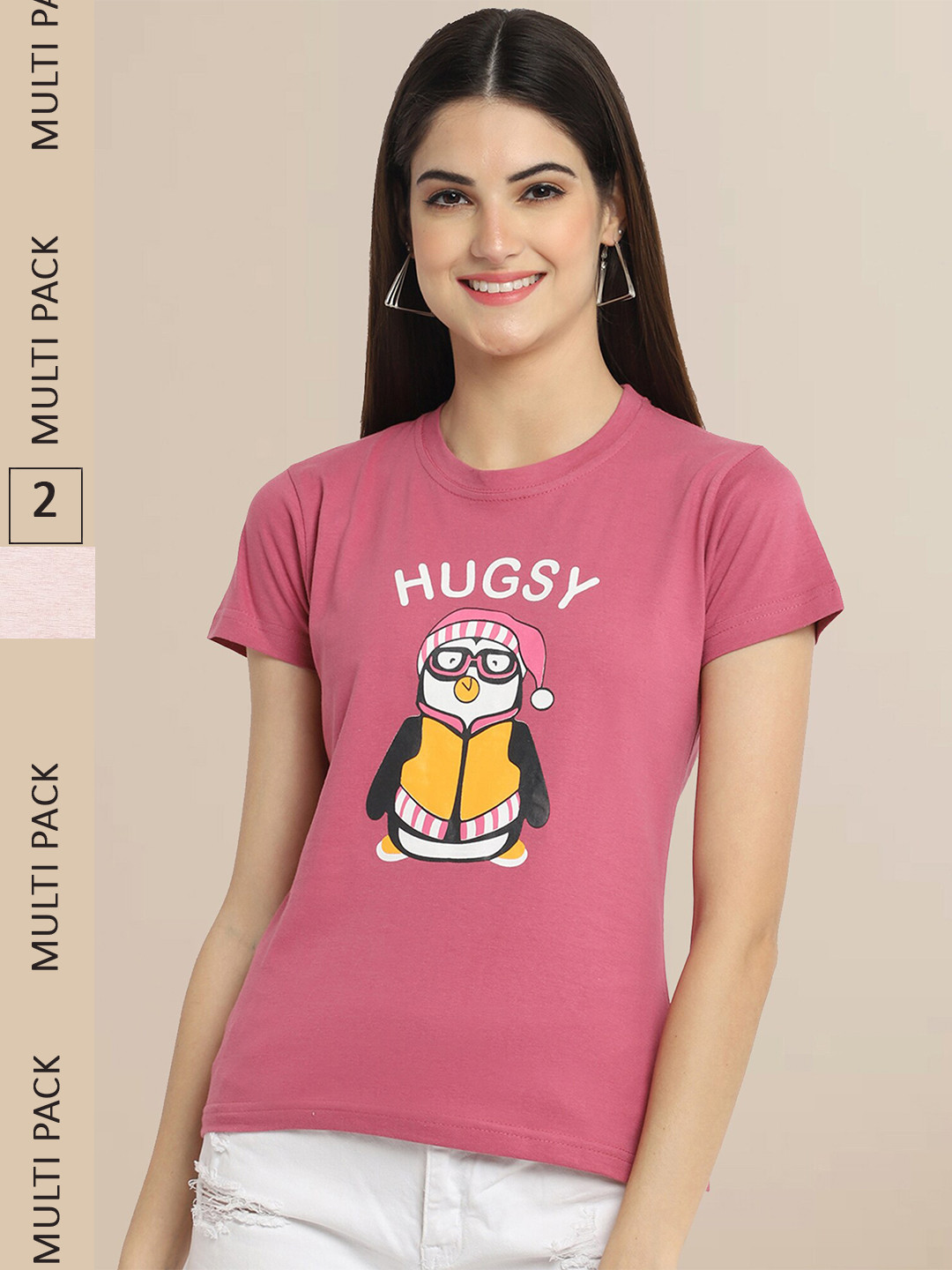 

Fabflee Women Pink & Peach Pack of 2 Printed Cotton T-shirts