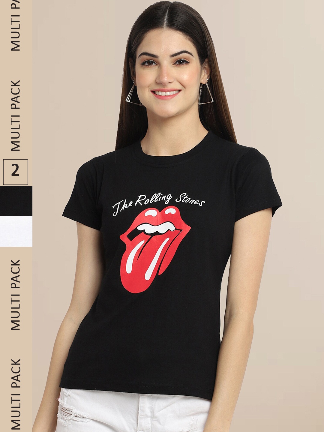 Fabflee Women Black & White Pack of 2 Printed Cotton T-shirts
