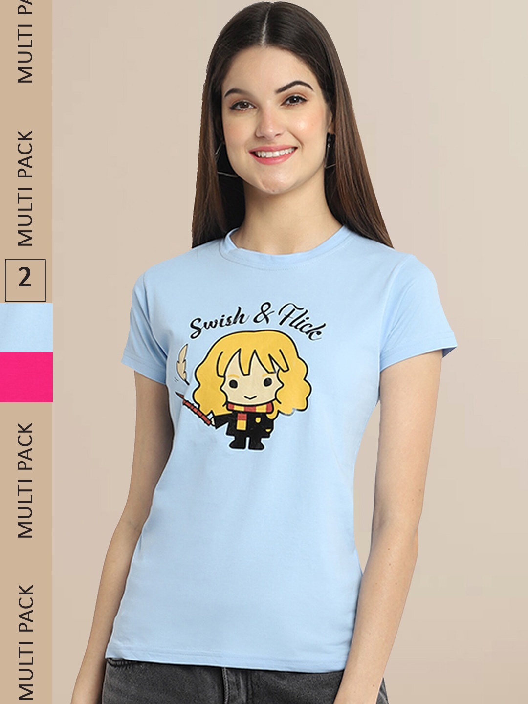 

Fabflee Women Blue & Pink Pack of 2 Printed Cotton T-shirts
