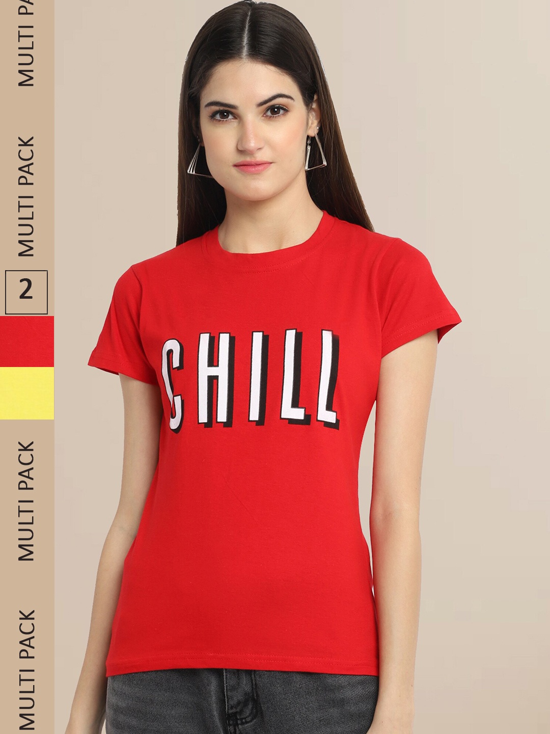 Fabflee Women Red & Yellow Pack of 2 Printed Cotton T-shirts
