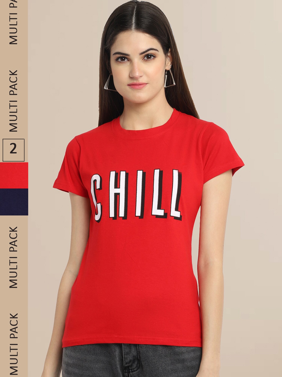 Fabflee Women Red & Black Pack of 2 Typography Printed Cotton T-shirts
