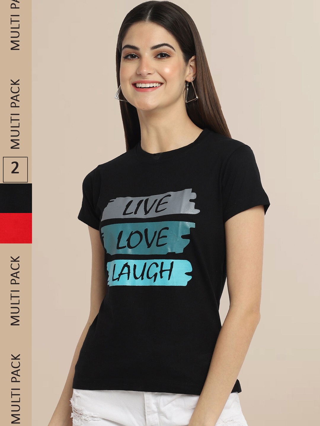 

Fabflee Women Black & Red Pack of 2 Typography Printed Cotton T-shirts
