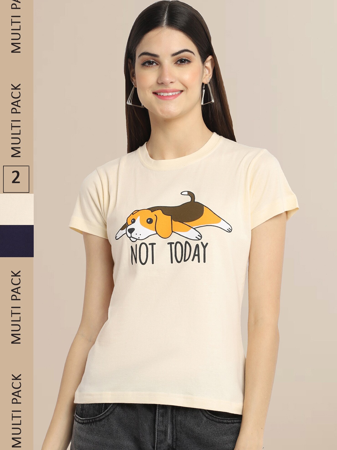 Fabflee Women Beige & Black Pack of 2 Printed Cotton T-shirts