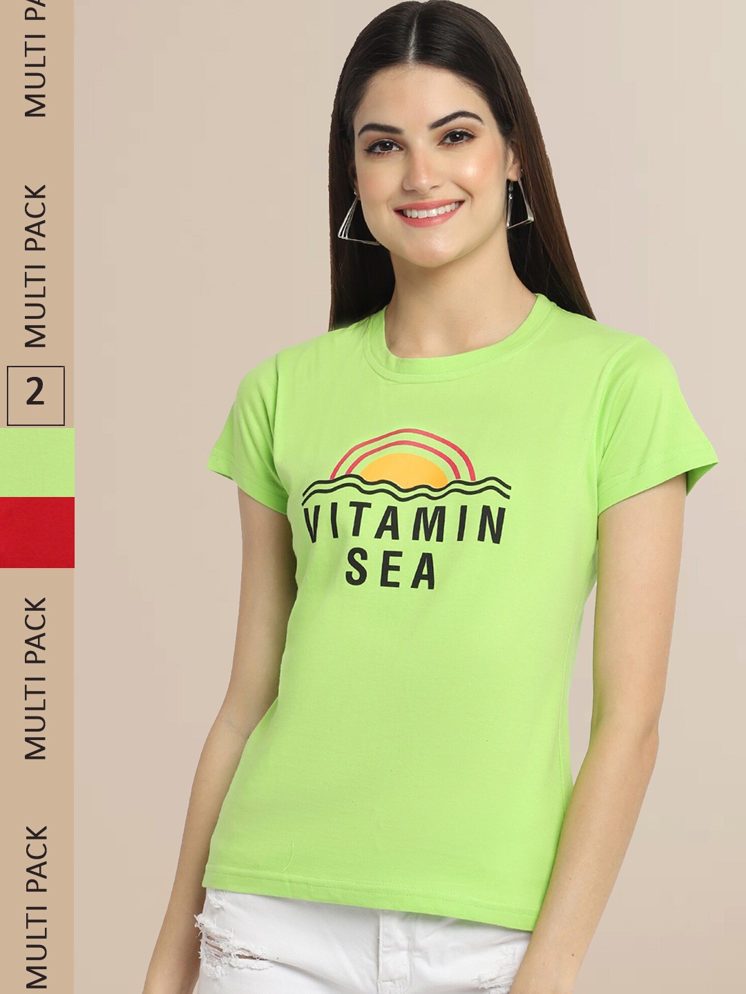 Fabflee Women Green & Red Pack of 2 Printed Cotton T-shirts