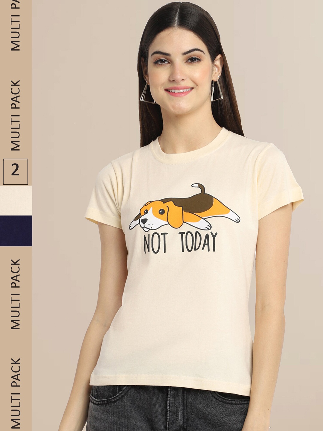 

Fabflee Women Cream-Coloured & Navy Blue Pack of 2 Printed Cotton T-shirts