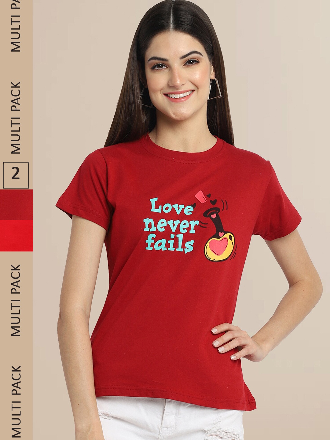 Fabflee Women Maroon & Red Pack of 2 Printed Cotton T-shirts