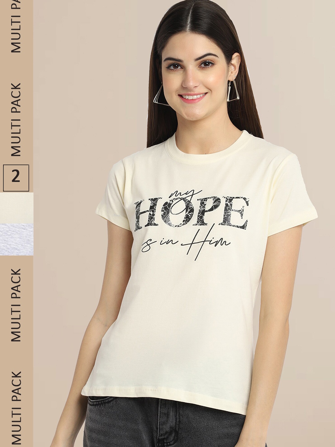 

Fabflee Women Pack of 2 Yellow & Grey Typography Printed Cotton T-shirt