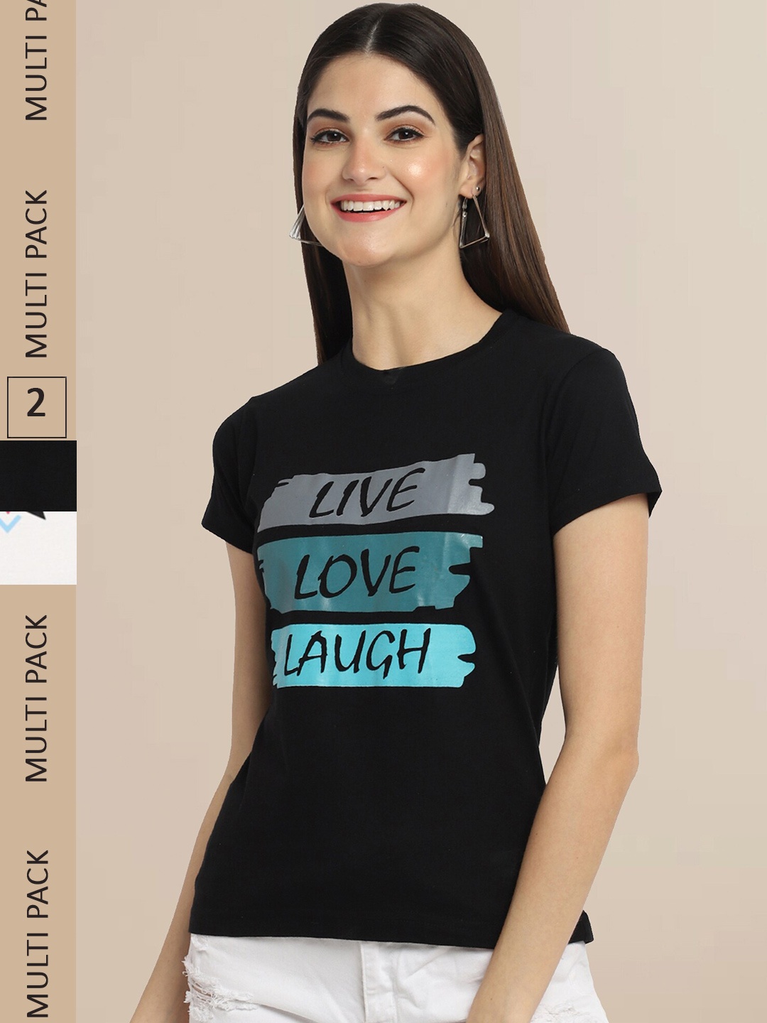 

Fabflee Women Pack of 2 Black & White Printed Cotton T-shirt