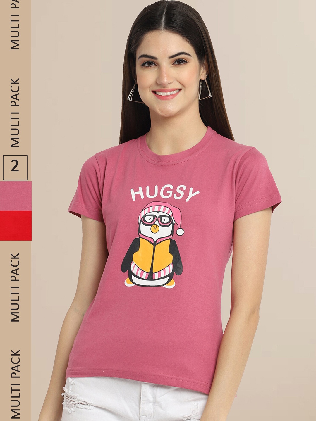 

Fabflee Women Pack of 2 Pink & Red Printed Cotton T-shirt