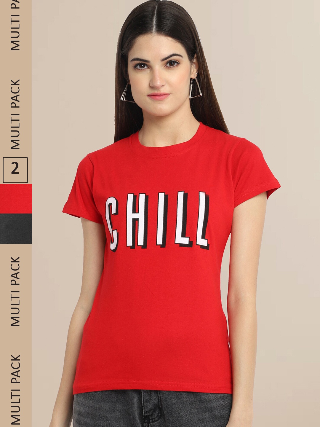 

Fabflee Women Pack of 2 Red & Black Typography Printed Cotton T-shirt