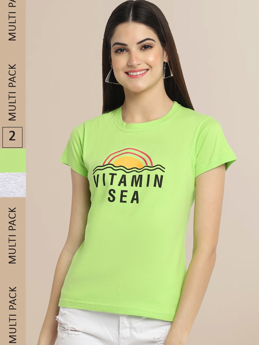 

Fabflee Women Pack of 2 Green & Grey Typography Printed Cotton T-shirt