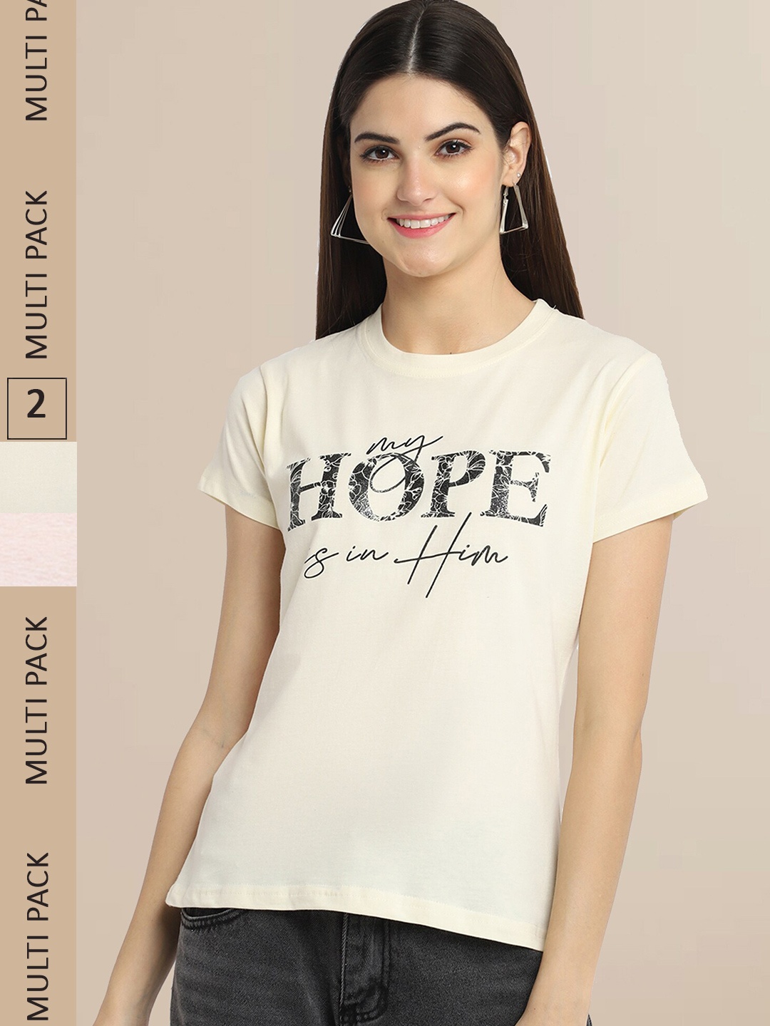 

Fabflee Women Pack Of 2Cream-Coloured & Coral Typography Printed Cotton T-shirt, Cream
