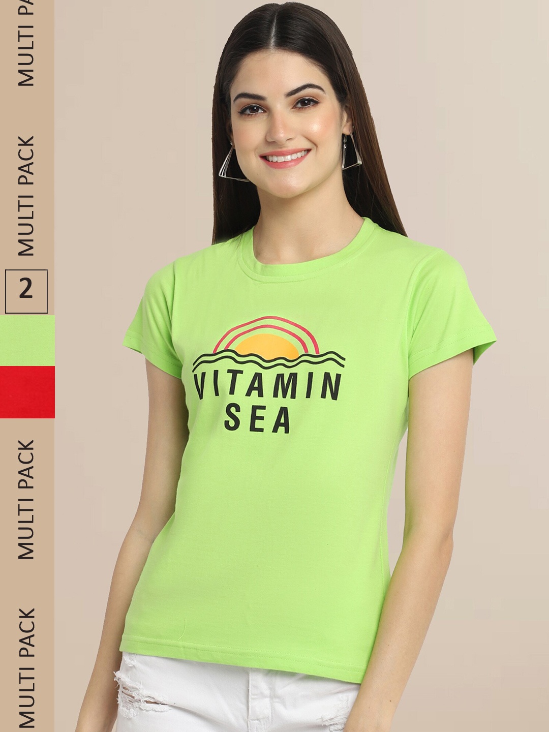 

Fabflee Women Pack Of 2 Green & Red Typography Printed Cotton T-shirt