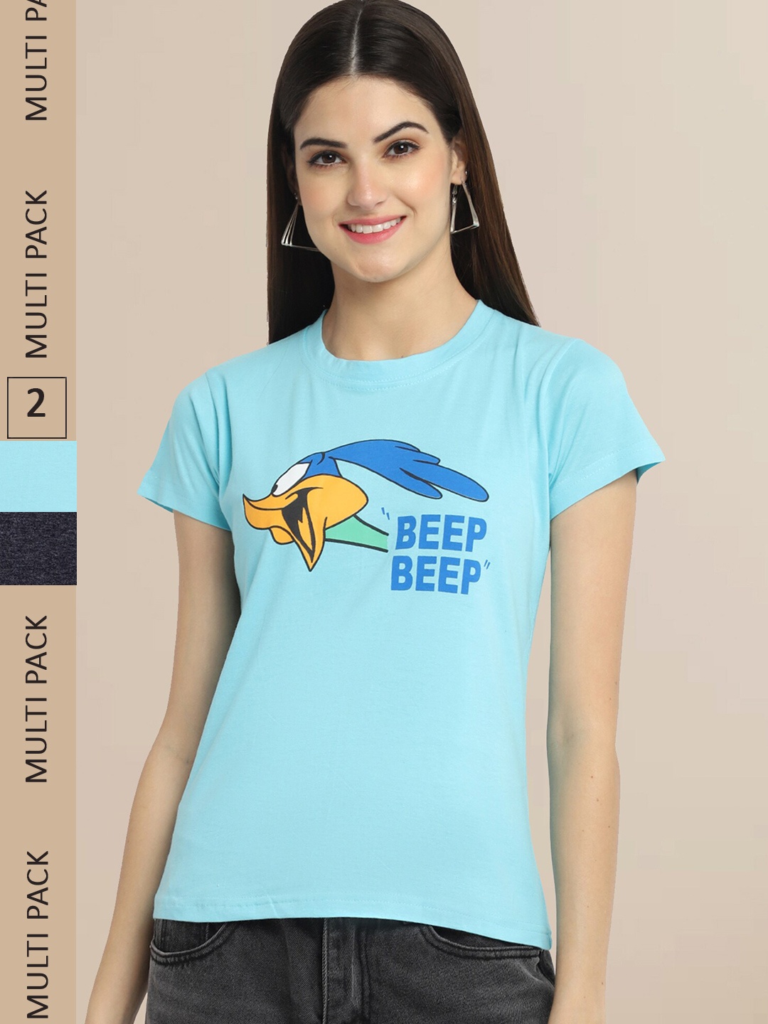 

Fabflee Women Pack Of 2 Blue & Black Printed Cotton T-shirt
