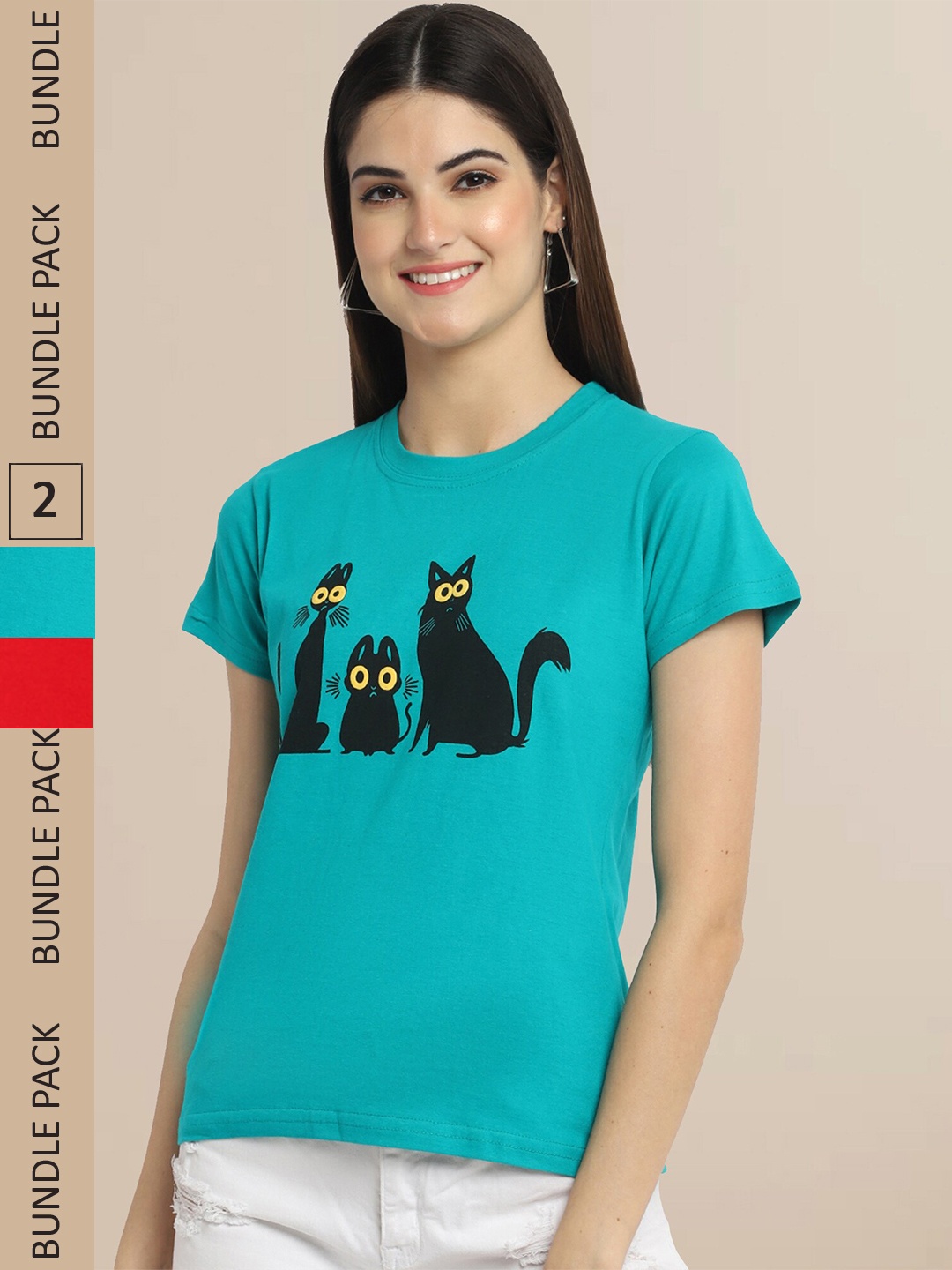 

Fabflee Women Pack Of 2 Blue & Red Printed Cotton T-shirt