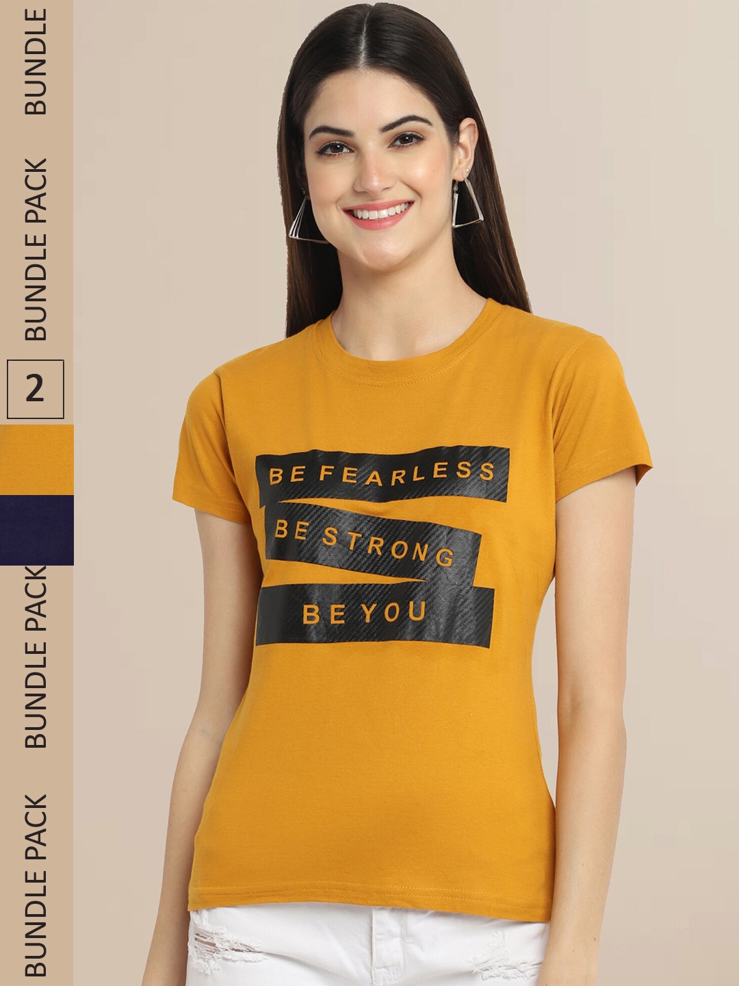 

Fabflee Women Pack Of 2 Mustard Yellow & Navy Blue Typography Printed Cotton T-shirt