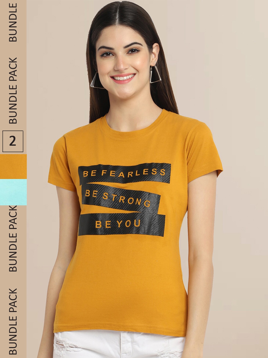 Fabflee Women Pack Of 2 Mustard Yellow & Blue Typography Printed Cotton T-shirt