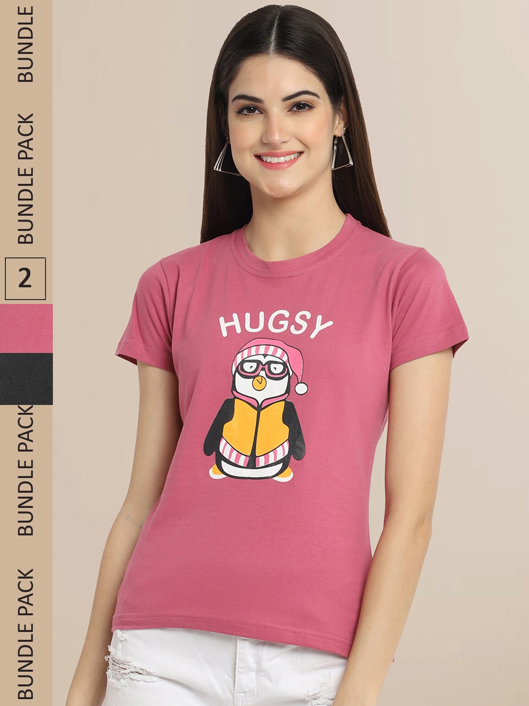 

Fabflee Women Pack Of 2 Peach-Coloured & Black Printed Cotton T-shirt