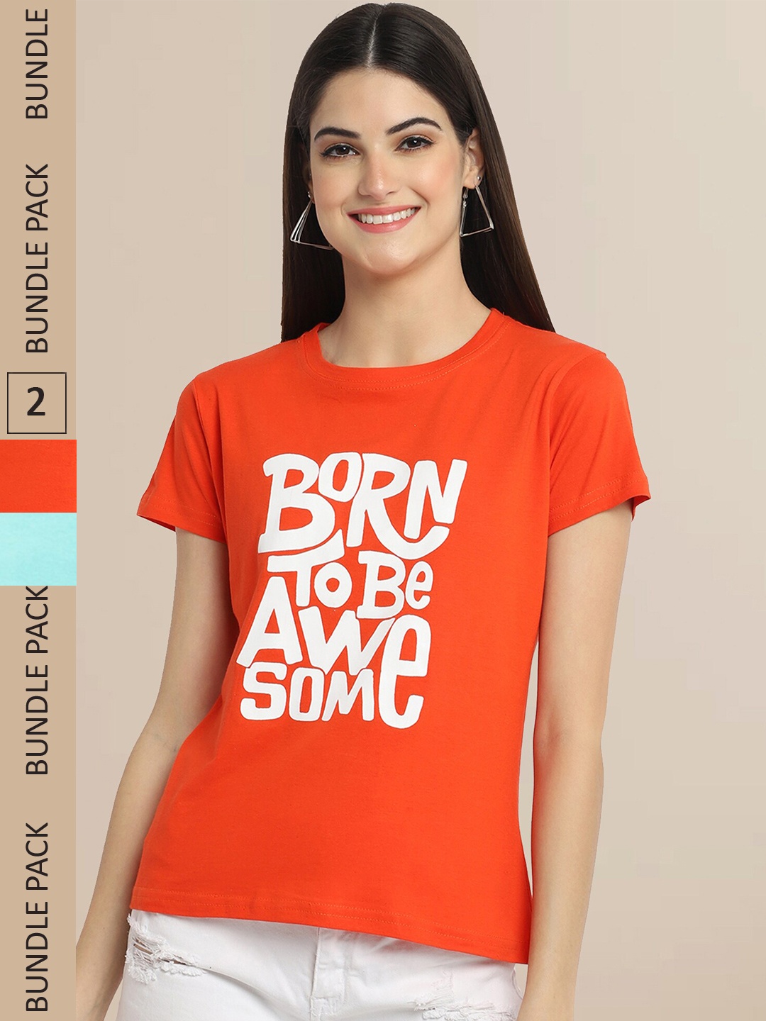 

Fabflee Women Orange & Blue Pack of 2 Typography Printed Cotton T-shirt