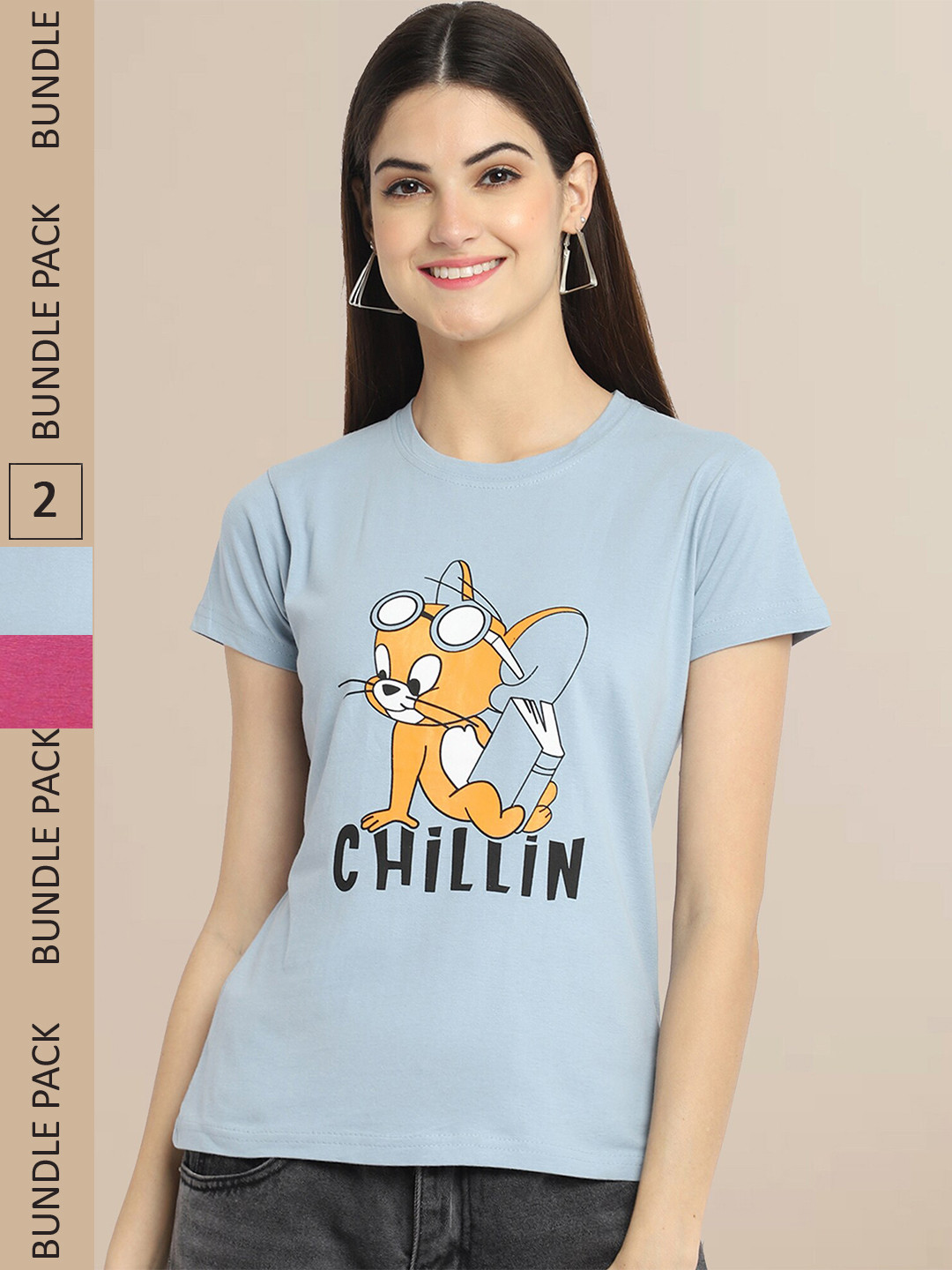 

Fabflee Women Blue & Pink Pack of 2 Graphic Printed Cotton T-shirt