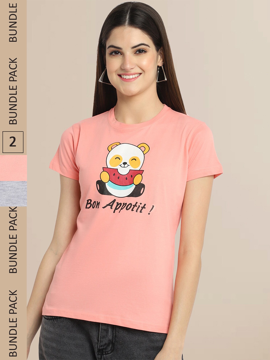

Fabflee Women Peach & Grey Pack of 2 Graphic Printed Cotton T-shirt