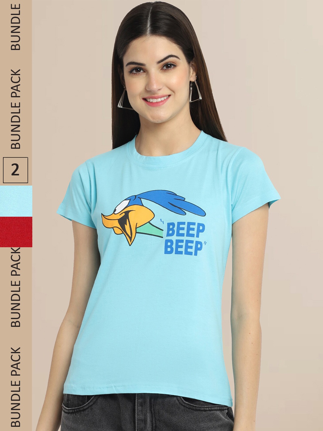 Fabflee Women Blue & Red Pack of 2 Graphic Printed Cotton T-shirt