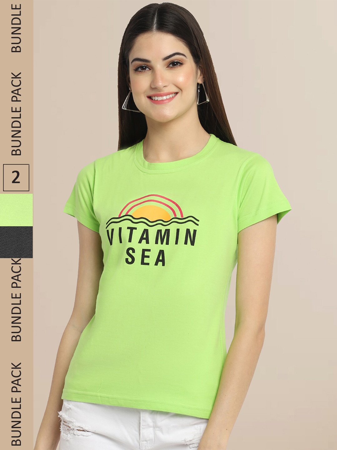 

Fabflee Women Green & Charcoal Pack of 2 Graphic Printed Cotton T-shirt