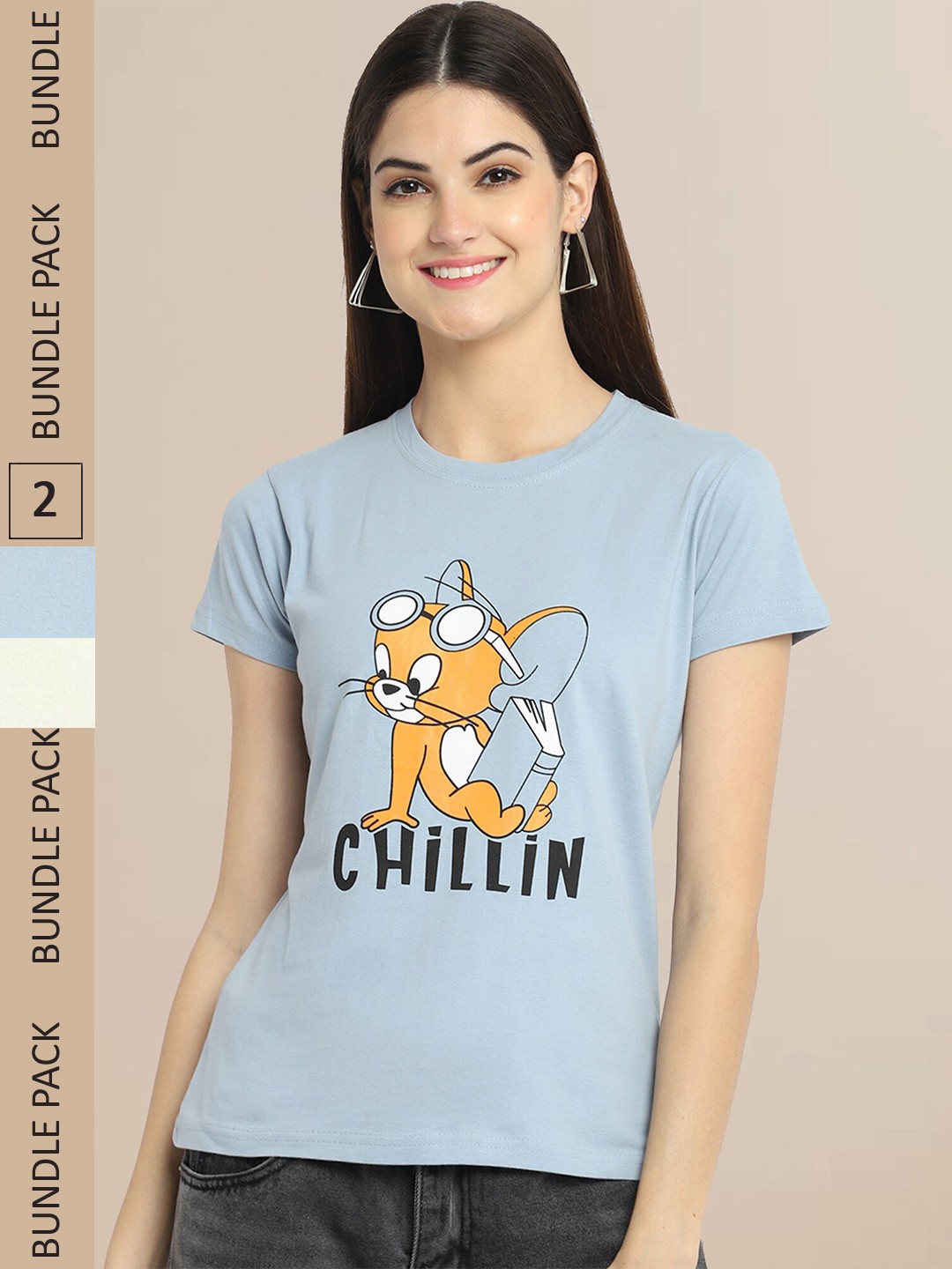 

Fabflee Women Blue & Cream Pack of 2 Graphic Printed Cotton T-shirt